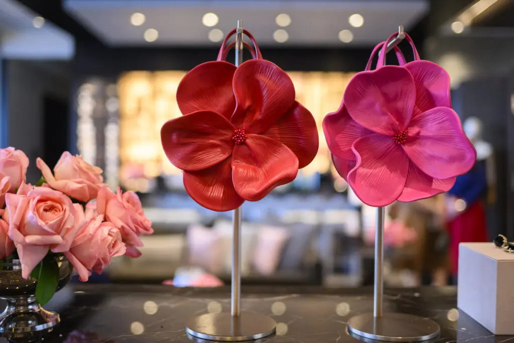 Floral handbags by Carolina Herrera on display in the penthouse suite at The Post Oak Hotel (Photo by Michelle Watson, CatchLightGroup.com))