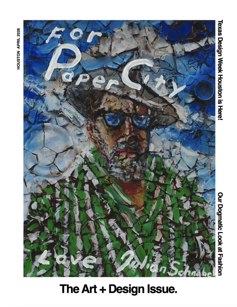 PaperCity Houston April 2026 cover by Julian Schnabel, with the artist's "Untitled (Self-Portrait)," 2023, on view at Château La Coste, Aix-en-Provence, France, April 25 – August 15, 2026. (© Julian Schnabel Studio. Photo by Tom Powel Imaging. Courtesy the artist and Vito Schnabel Gallery.)