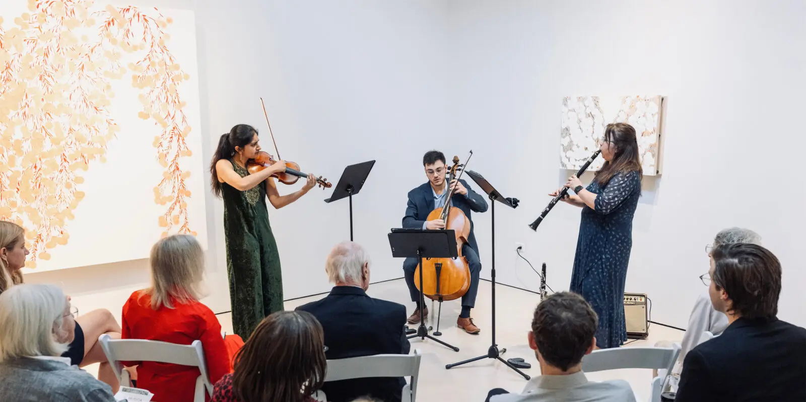 Nanki Chugh, violinist and Musiqa Creative Education director; Caio Diniz, cellist and Musiqa artist; and Maiko Sasaki, clarinet and Musiqa artist board member perform  at Musiqa Spring Benefit 2026 (Photo by Jacob Power)