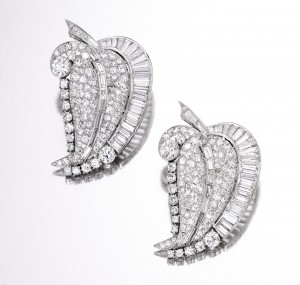 From the Collection of Estée Lauder, Sold to benefit the Alzheimer’s Drug Discovery Foundation® Pair of Platinum and Diamond Clip-Brooches, circa 1935. 