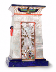 Egyptian striking clock in gold, silver gilt, mother of pearl, lapis lazuli, coral, emerald, cornelian and enamel, owned by Mrs. George Blumenthal. Cartier Paris, 1927. Photo Nick Welsh, Cartier Collection © Cartier.