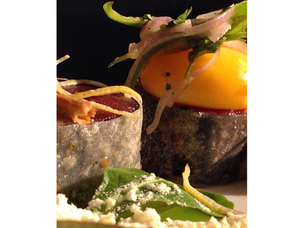 Crispy big eye tuna, poached egg yolk, jalepeno, red onion & baby mache wild mushrooms 