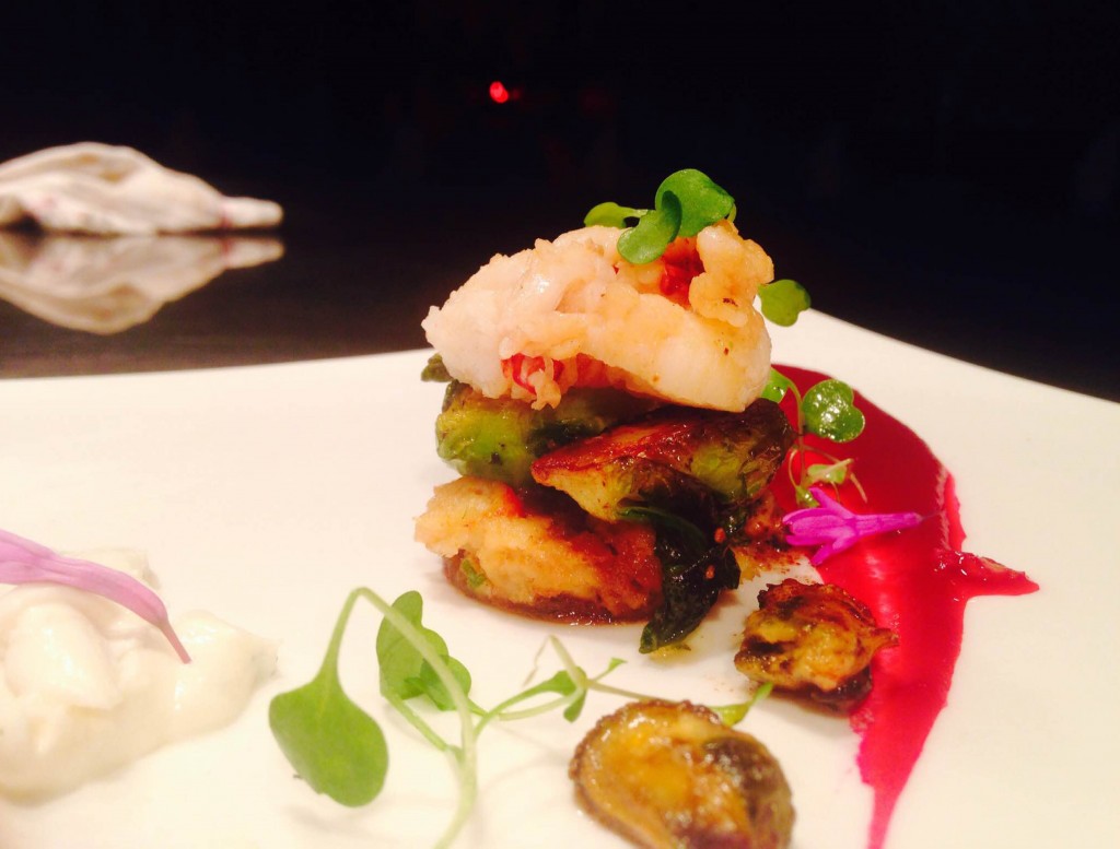 Poached atlantic lobster with sweet corn & spinach galette, spicy brussel sprouts beat puree