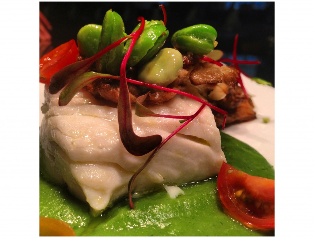 Garlic oil poached halibut, sweet pea puree & savory bread pudding 
