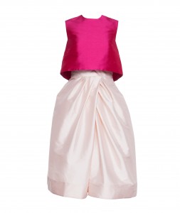 Monique Lhuillier fuchsia faille sleeveless top and nude taffeta midi skirt