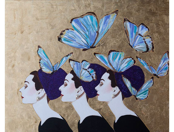 "Audrey Trio With Blue Butterflies and Gold Leaf"  courtesy Ashley Longshore Art