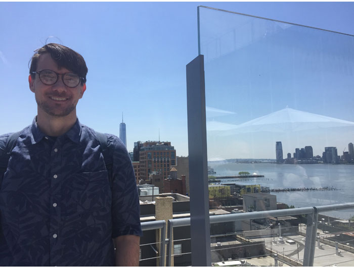 Jon Hopson in the clear, blue yonder of the new Whitney. Photo Debra Barrera. 
