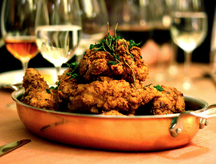 Fried chicken and champagne happy hour at L'Olivier