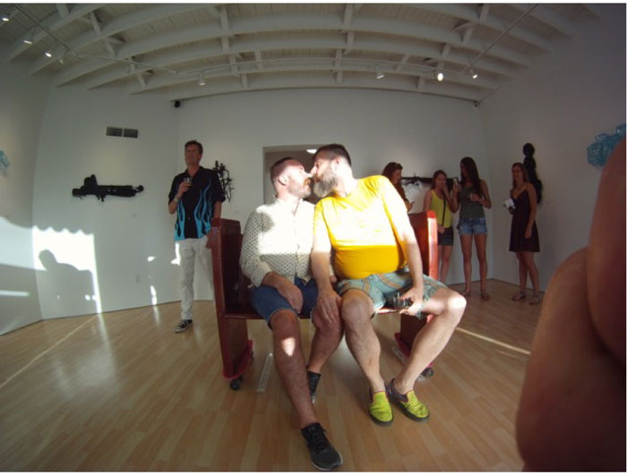 Samara Gallery, the newcomer to Isabella, is showing Houston-based David Graeve, who introduced a new performative element to his practice with the surprising presence of opening night's kissing bench. Shown: the artist's “Civil Liberties—Passionate Kiss," as enacted by CAMH director Bill Arning in a lip lock with partner Mark McCray (hurry, closes June 6). 