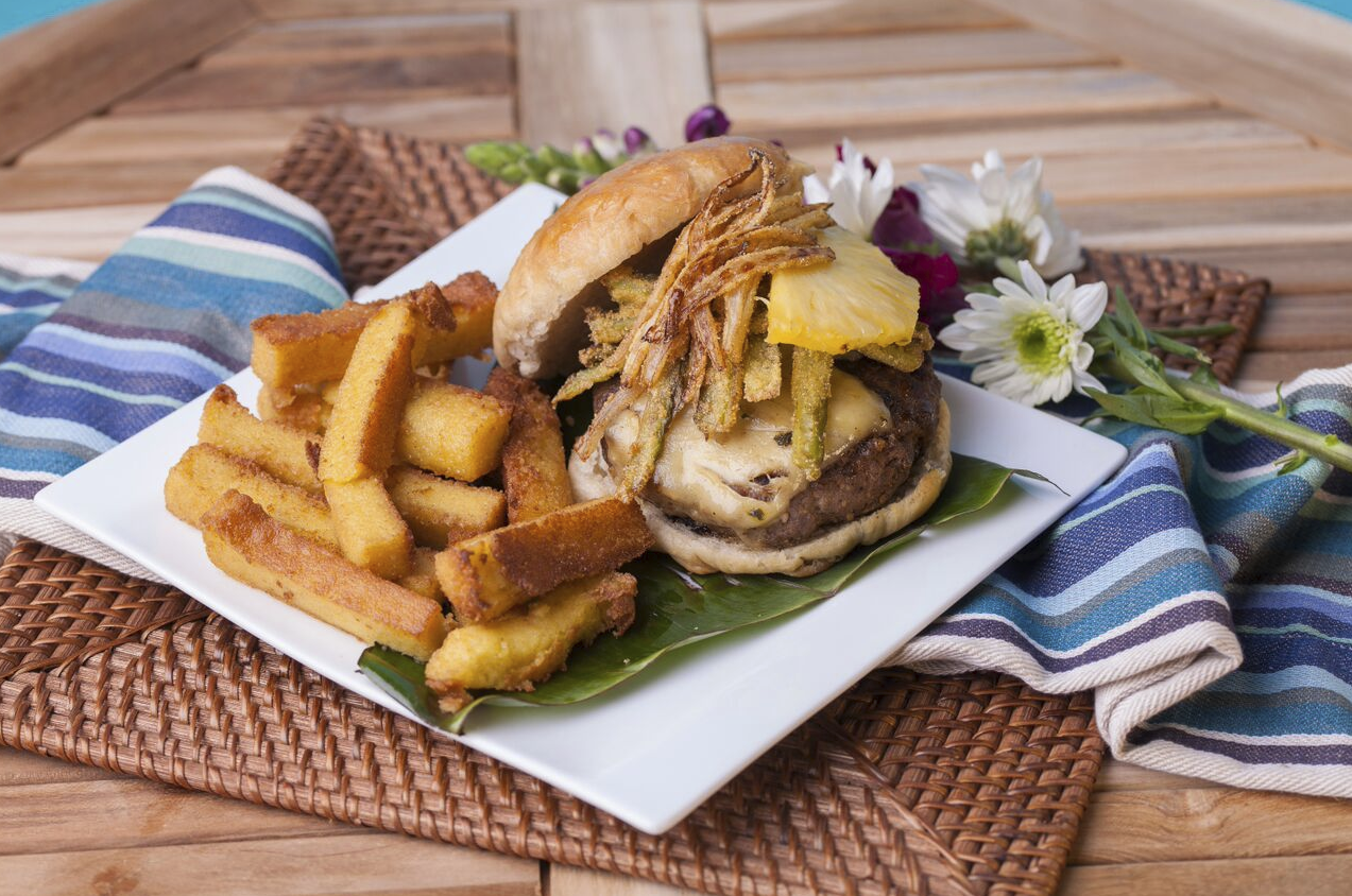 Calabash lamb burger with cou cou fries at Calabash Island Eats.
