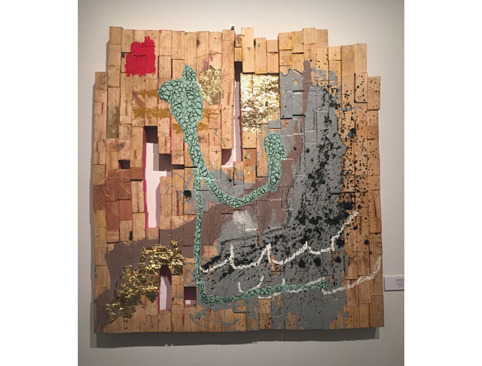 Collective member Jonathan Paul Jackson has worked as a studio assistant to Angelbert Metoyer & Robert Hodge. 
The artist's "Gold, Green and Wood," 2015, reminded me of L.A. painter Mark Bradford's way with abstraction. 