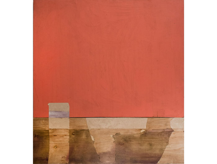 Another more abstract, quieter direction in Darwin Arevalo's painting, "Pink Landscape Study," 2015, incorporates elements from a deconstructed Catastrophic Theatre stage set. 