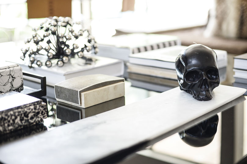 Black-skull candle, part of the Modern Alchemy Burn & Sniff Candles line, from D.L. & Co. Collection of boxes from R+Y Augousti.