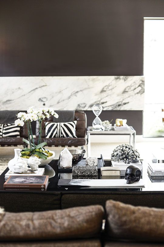 Cleverly orchestrated in the living area are tonal keepsake boxes, textures and shapes. Attending them, a pair of Barcelona chairs topped by zebra-print pillows.