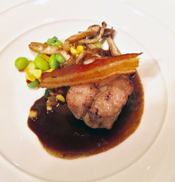 Sweetbread, bacon crisp, mushrooms, and edamame succotash