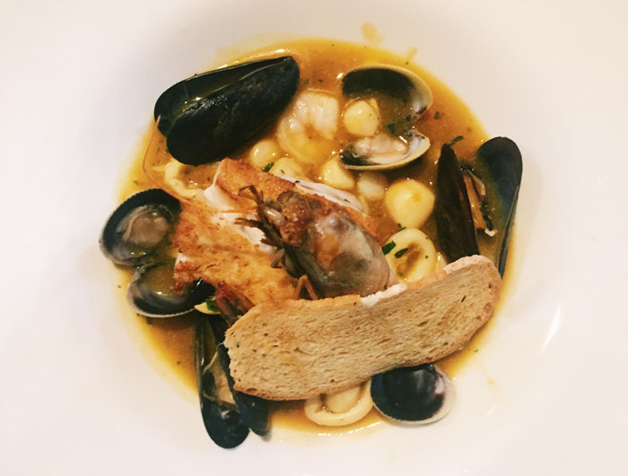 La Zeminata, another course on Arcodoro's Sardinian tasting menu. Medley of fresh seafood, scallops, shrimp, calamari and mussels in a saffron dill broth. The saffron dill broth was perfect for bread dipping.