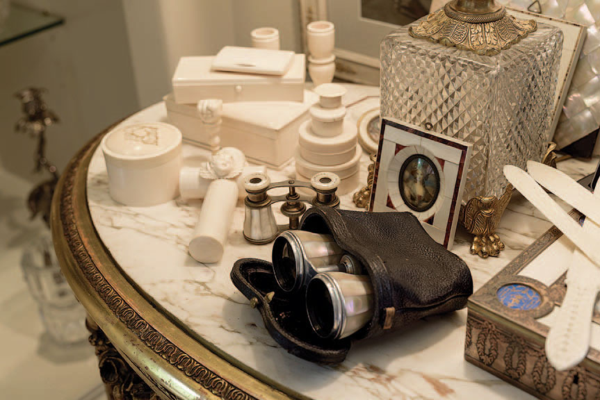 Parker’s opera glasses and collection of antique ivory and mother-of-pearl boxes.