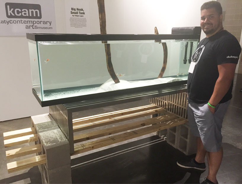 Felipe Lopez introduced a new sculpture, "Big Hook, Small Tank," 2015, at the Katy Contemporary Arts Museum booth. The work relates to the artist's Cuban heritage.