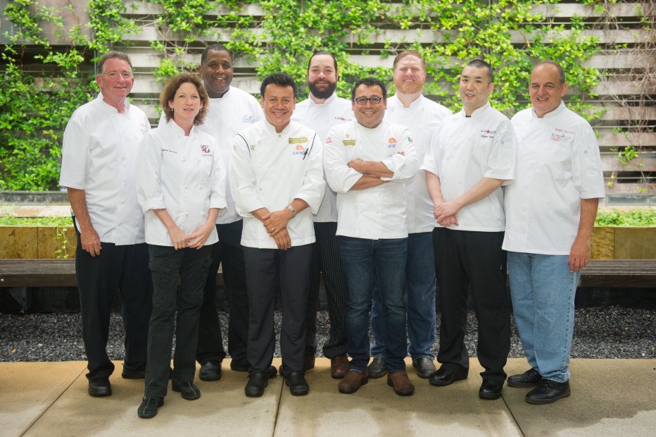 Culinary masters team up to serve Houston's homeless at The Beacon’s 2015 Come to the Table: John Sheely, Claire Smith, Mark Holley, Hugo Ortega, Philippe Gaston, Ruben Ortega, Randy Evans, Manabu “Hori” Horiuchi and Mike Puccio. Photo by Wilson Parish.