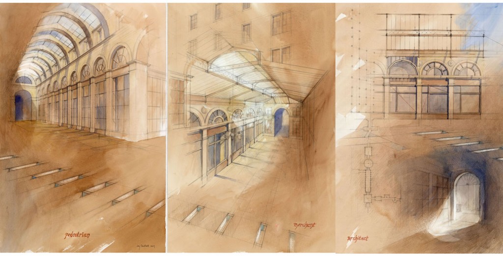 From his Gabriel Prize win: Cantrell's "The Passages of Paris," a tryptich of three views of Passage Vivienne, based on different station points: pedestrian, merchant and architect. Based on Walter Benjamin's writings, "The Arcades,” from the early 20th century. Photo courtesy the artist.