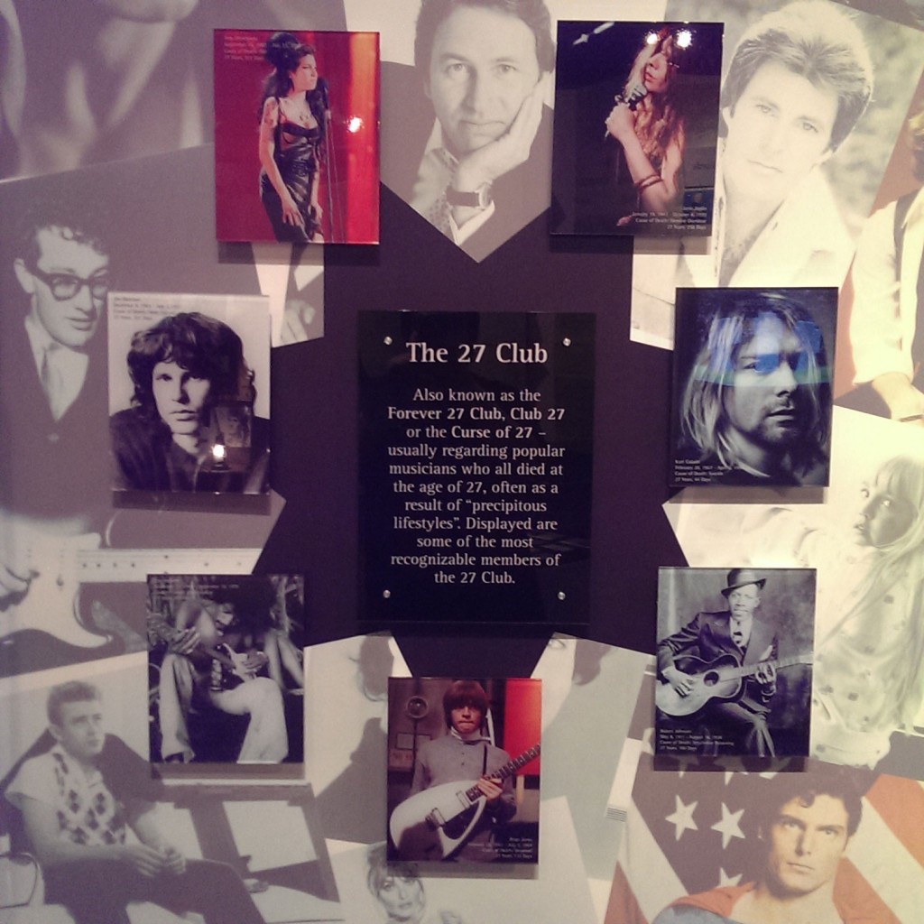 A placard explaining the 27 Club, a group of celebrities who died at the age of 27, at the National Museum of Funeral History. (Photo by Matthew Ramirez)
