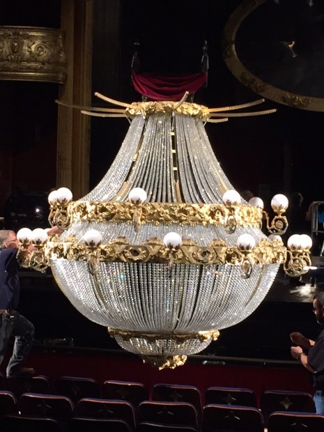 Putting the final touches on the chandelier before a matinee performance of "The Phantom of the Opera" at Houston's Hobby Center for the Performing Arts. Photo by Sharon L. Taylor.
