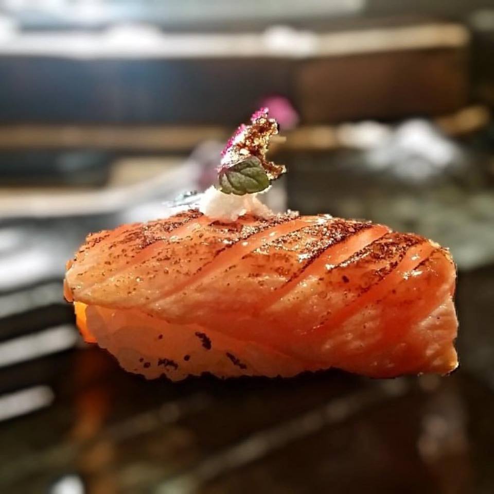 Seared Salmon Nigiri with Strawberry Miso and Balsamic Crystals (Photo courtesy Roka Akor Scottsdale Facebook page)
