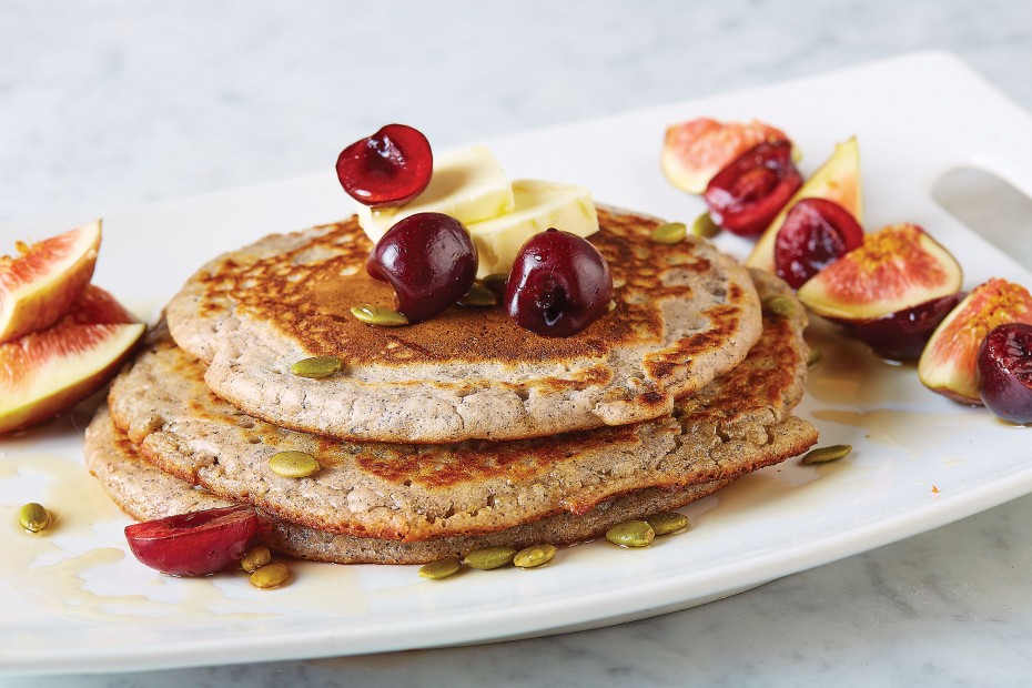 Blue corn and oat pancakes with pepitas, figs, cherries and maple