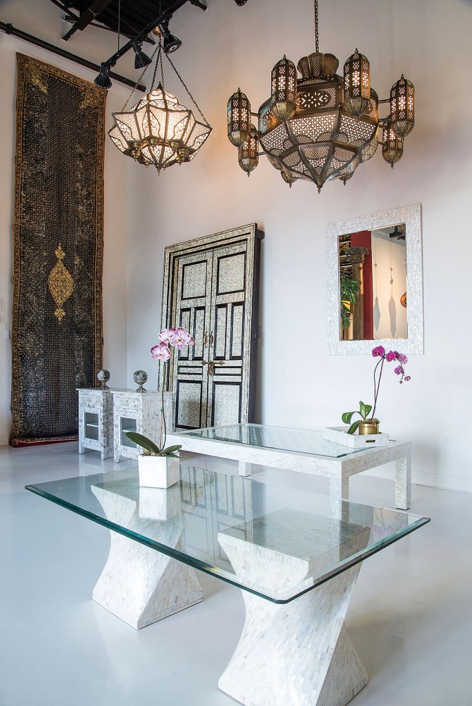 Art of Old India co-owner Rupal Dalal’s mother-of-pearl table designs, mixed with antique and vintage doors, lighting and architectural elements