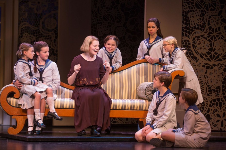 In the new national tour of "The Sound of Music," Maria (Kerstin Anderson) sings “Do-Re-Mi” with the von Trapp children, clockwise from left: Gretl (Audrey Bennett), Louisa (Maria Knasel), Marta (Mackenzie Currie), Lisel (Paige Silvester), Brigitta (Svea Johnson), Friedrich (Erich Schuett) and Kurt (Quinn Erickson). Photo by Matthew Murphy.