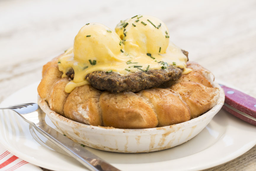 B&B's gorilla bread is comprised of monkey bread, sage sausage, poached eggs and hollandaise sauce. 