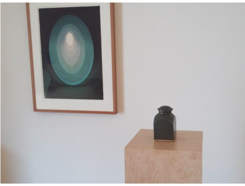 James Turrell’s woodcut, “Aten Reign,” 2014, and British mid-century potter Bernard Leach’s stoneware jar, 1950-1970, are elegantly juxtaposed.