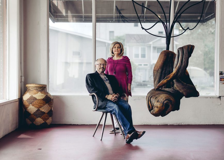 Gus Kopriva and Linda Clarke at Clarke & Associate’s showroom for James Surls. (Photo by Max Burkhalter)