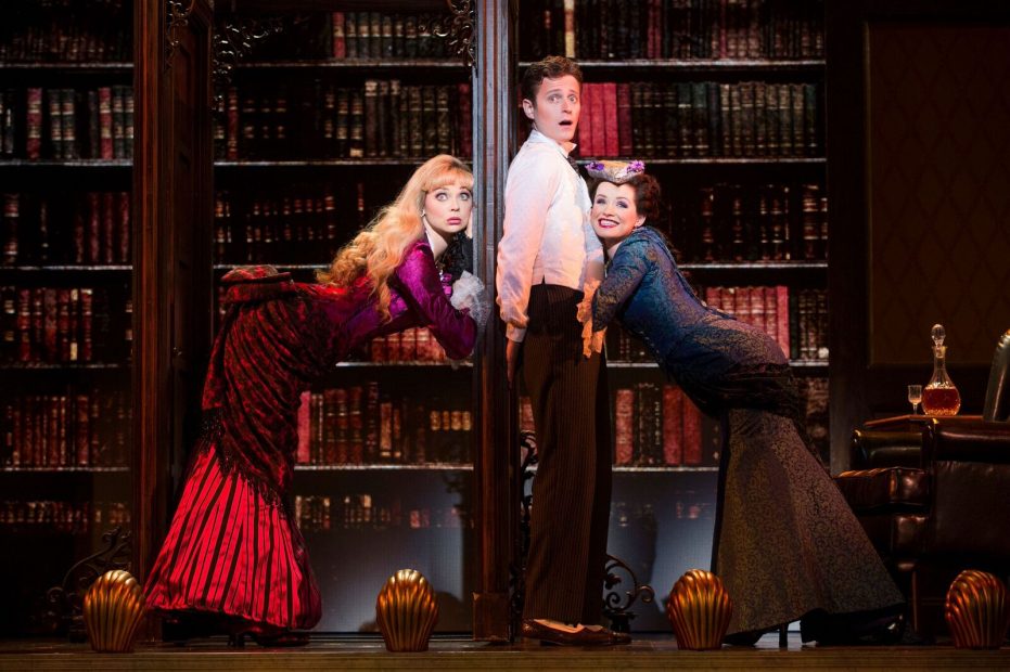 The national tour of “A Gentleman’s Guide to Love & Murder,” coming to Houston May 4 through 15. Pictured, from left: Kristen Beth Williams as Sibella Hallward, Kevin Massey as Monty Navarro and Adrienne Eller as Phoebe D'Ysquith. (Photo by Joan Marcus)