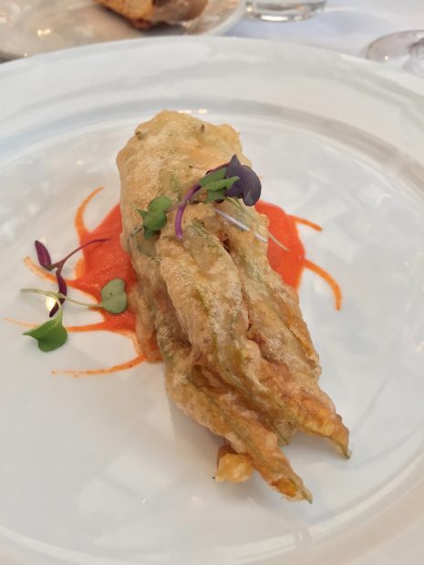 Squash blossoms stuffed with crab, lobster, and ricotta