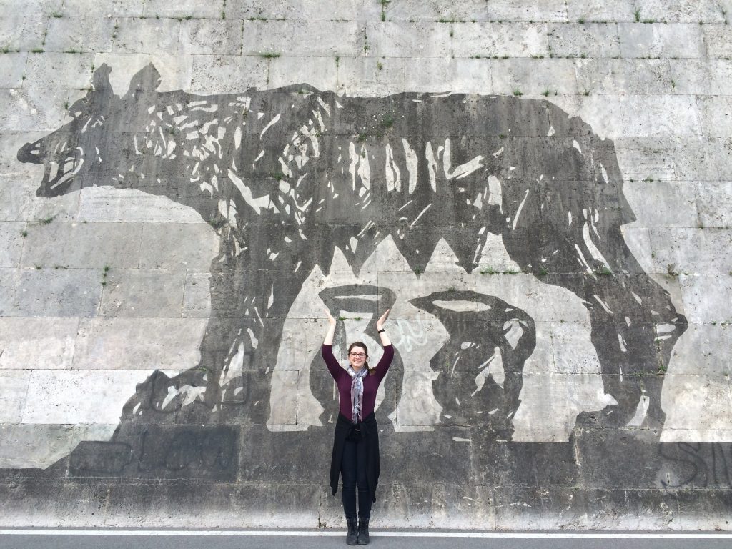 Granddaughter Arianne Staley and the She-Wolf, Kentridge’s art installation on River Tiber.