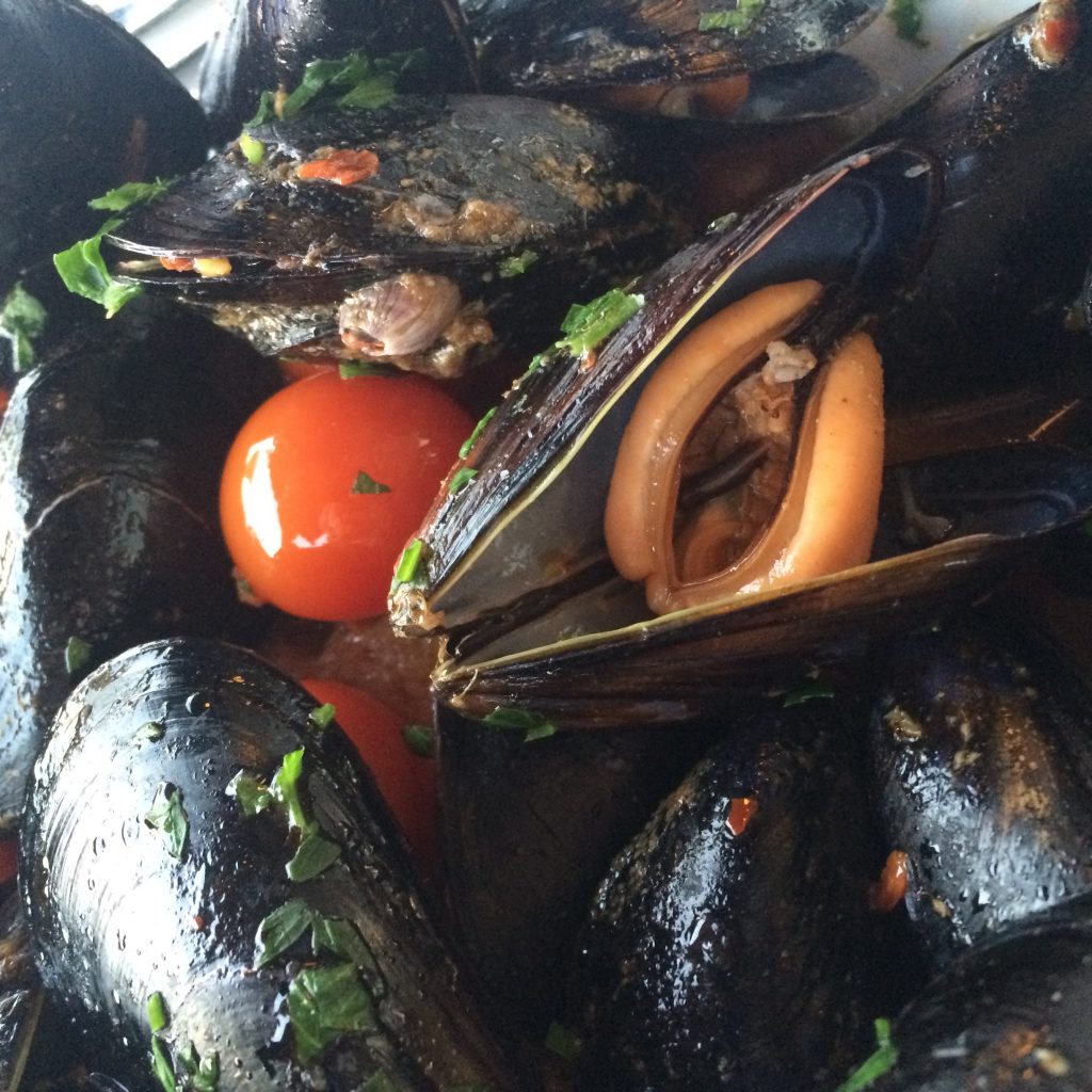Fresh mussels at a Naples waterfront restaurant.