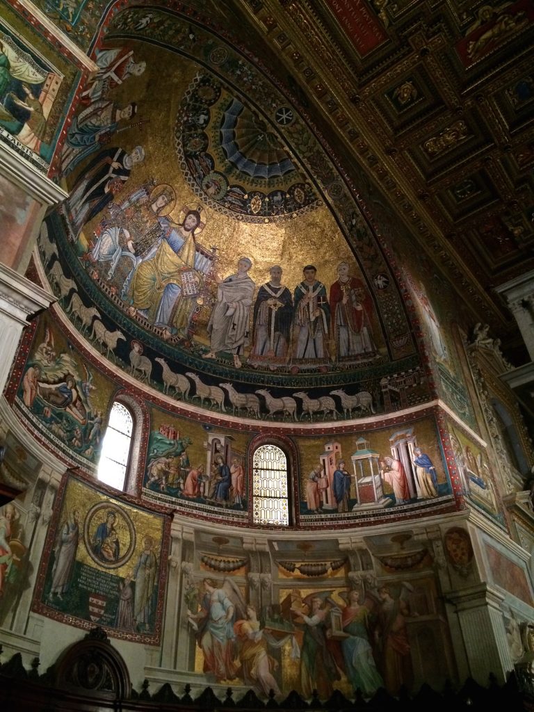 12th-century mosaics above the altar in Santa Maria in Trastevere, said to be the oldest church in Rome dedicated to the Virgin Mary, dating back to the 3rd century CE