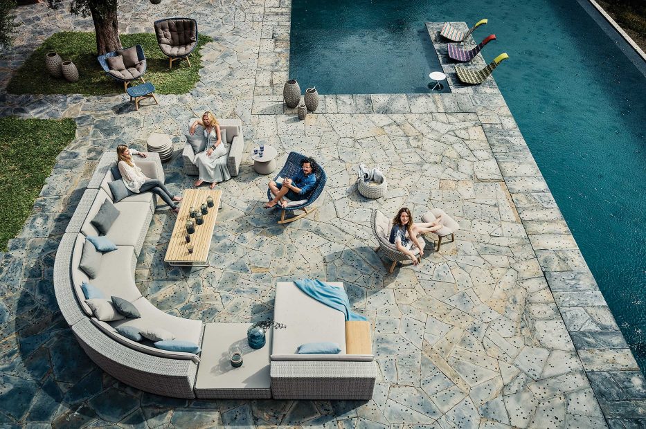 Dedon Barefoot Luxury Outdoor Furniture, featuring Lou lounge
system, Mbrace lounge collection, Fedro floor rocker, Porcini
table collection, Dala lanterns and Mangrove table