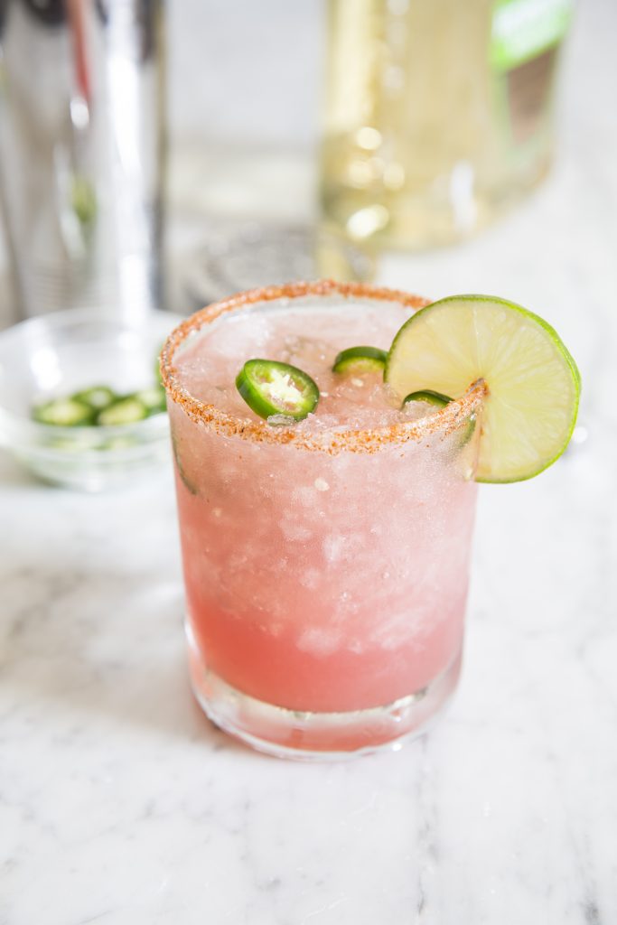 A spicy watermelon margarita makes for a refreshing cocktail.