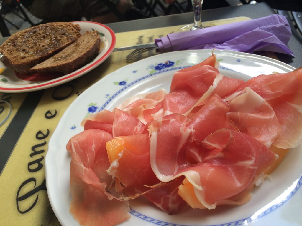 Prosciutto and melon with espresso after our hike through Boboli Gardens.