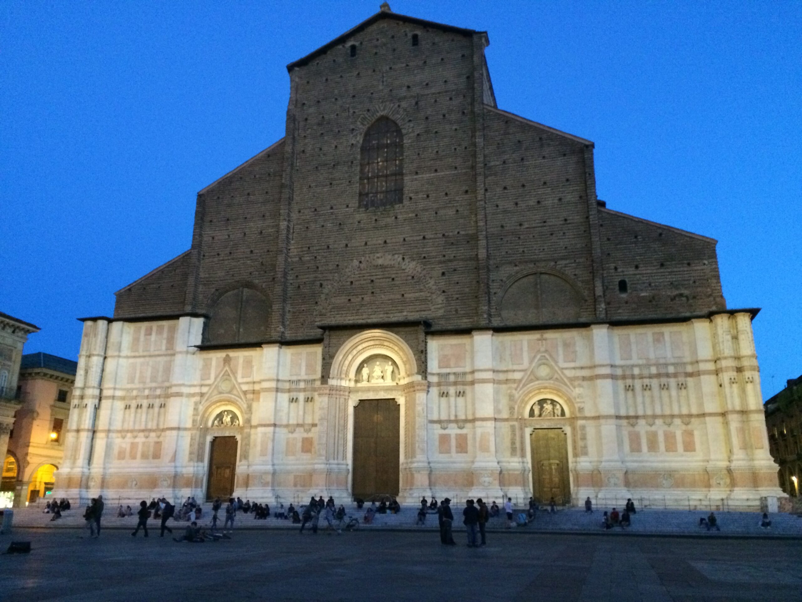 Basilica San Petronio at twilight, gathering spot for Bolognese.