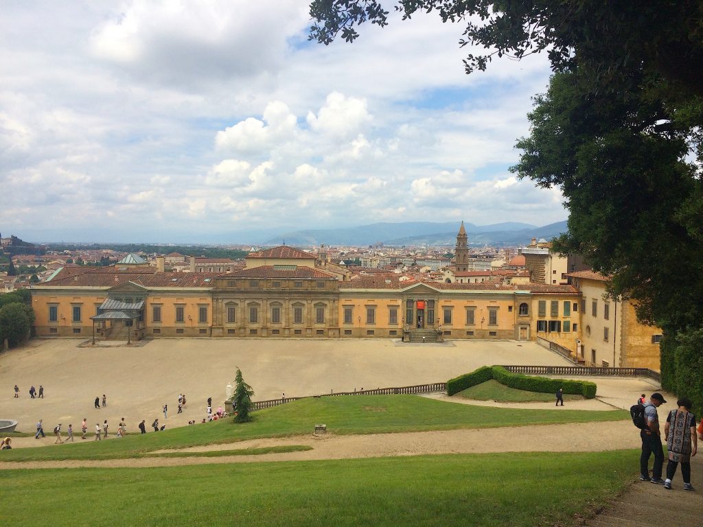 Splendid view of Palazzo Pitti seen from Boboli Gardens' hillside.