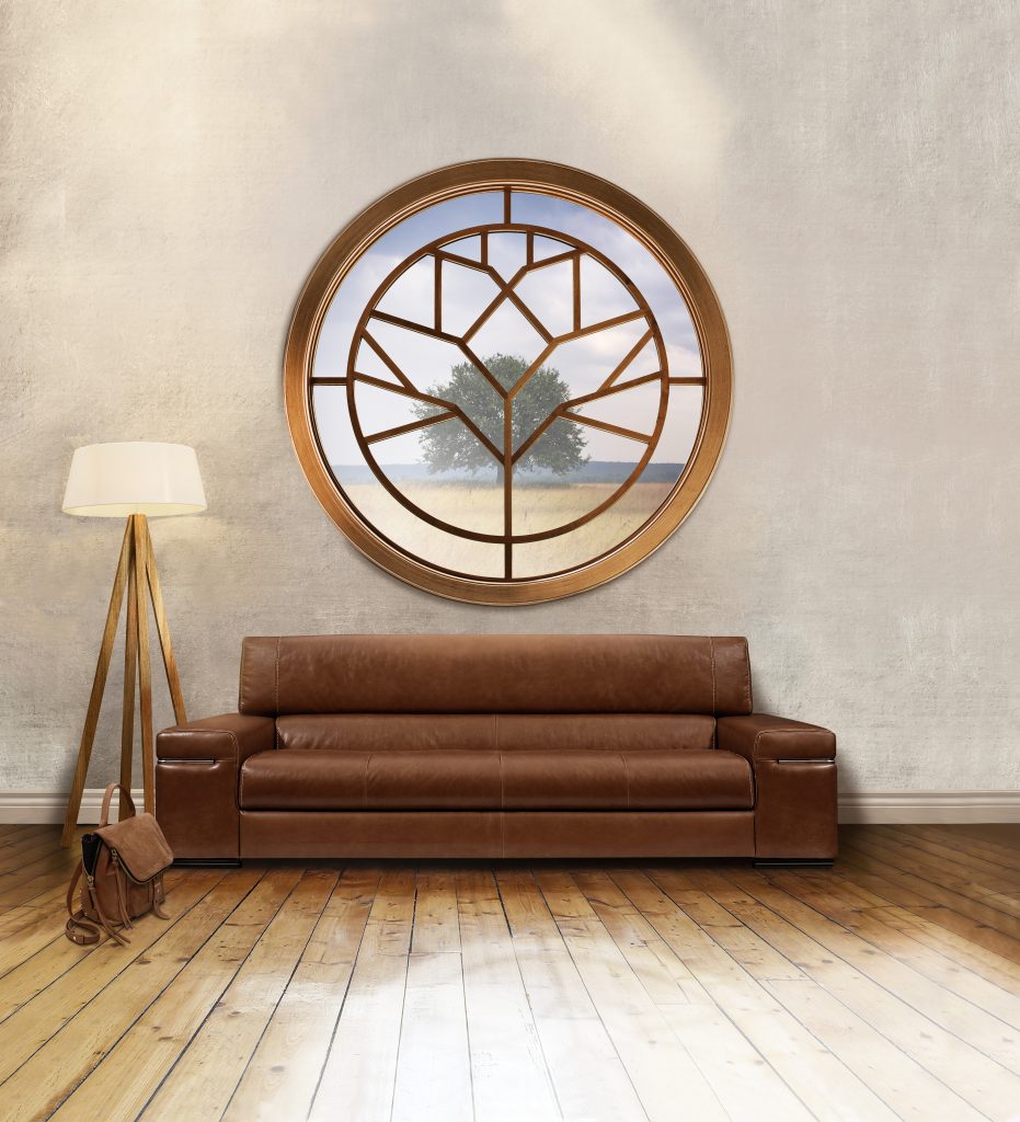 This E-Series Auxiliary Full Circle Window in maple with a golden hickory ﬁnish and custom grille pattern makes a statement and expresses personality