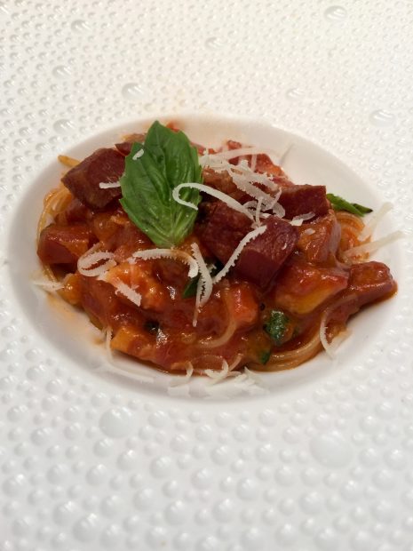 Pork jowl, Pecorino Romano, tomato, and al dente angel hair: This dish tastes great, and eating it will make you feel good.