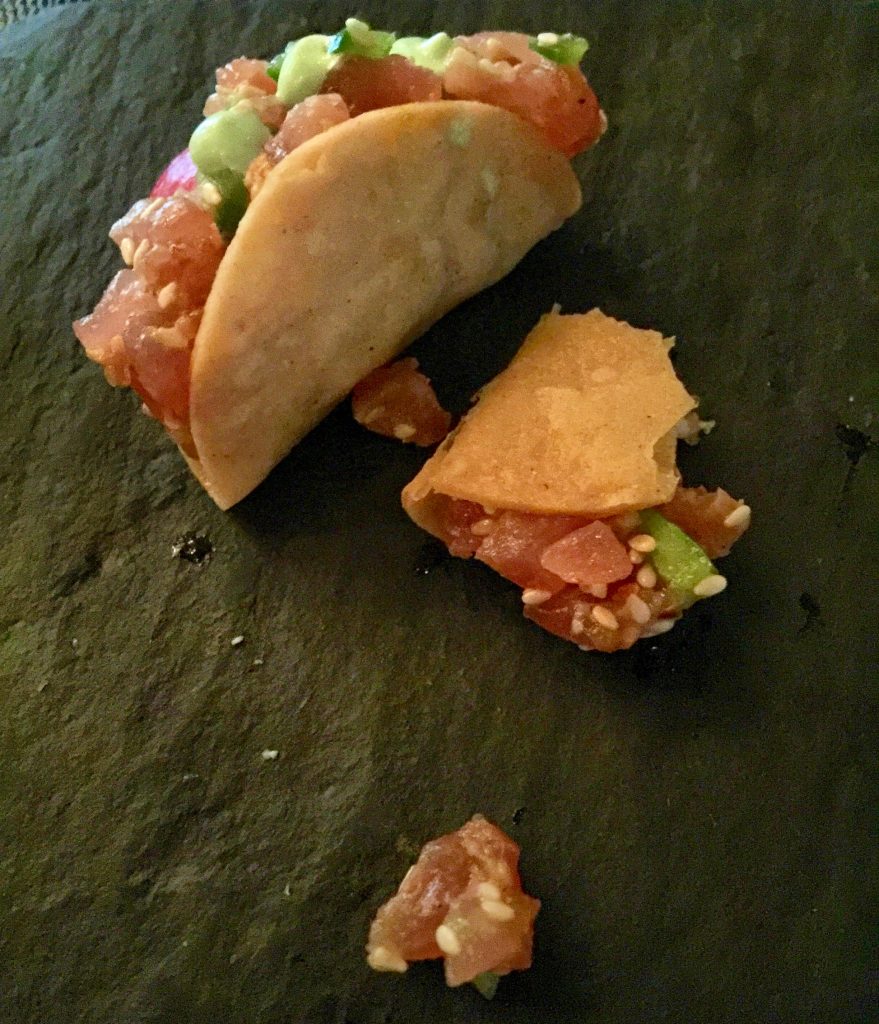 Ahi tacos and wasabi mayonnaise combine for a remarkable small course.