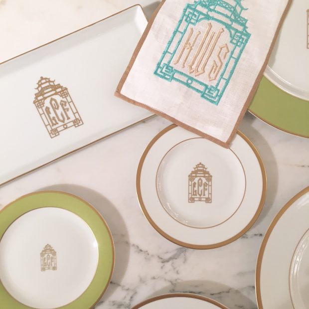 Halo Home by Kimberly Schlegel Whitman offers dinnerware sets in three monogram styles.