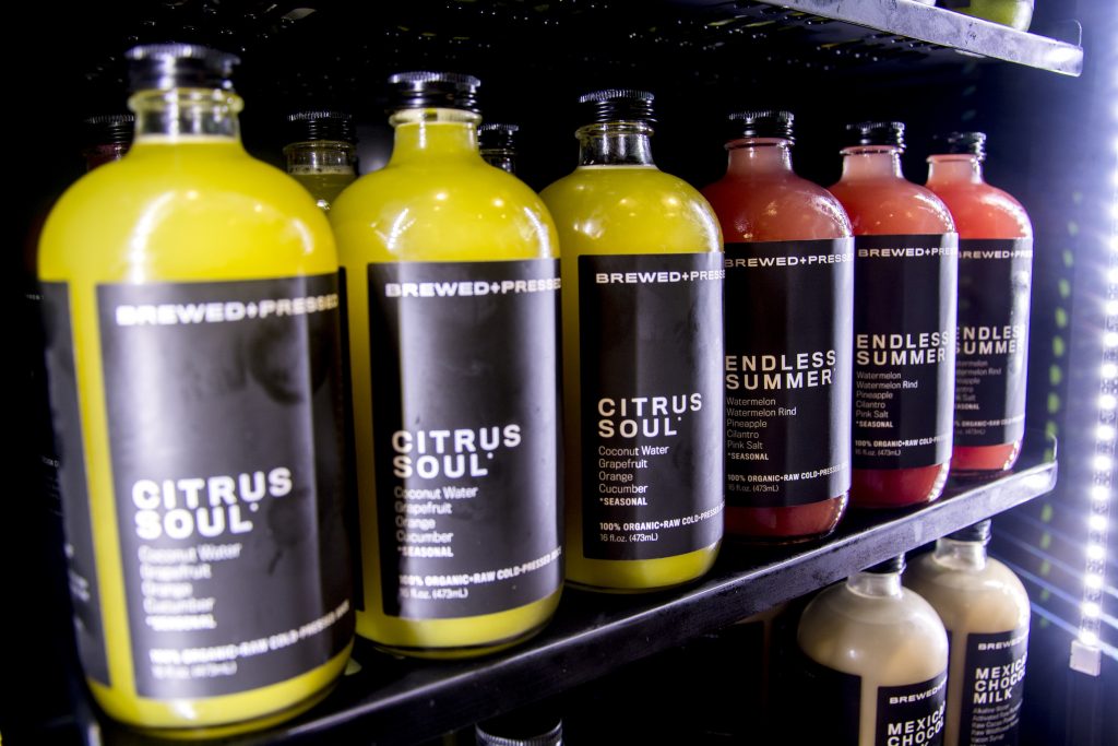 Brewed + Pressed offers a nutritious menu that includes cold-pressed juices. (Photo courtesy Brewed + Pressed)