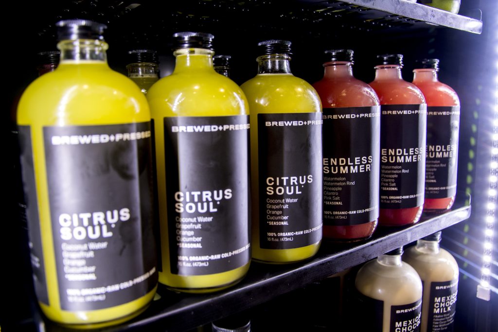 Brewed + Pressed offers a nutritious menu that includes cold-pressed juices. (Photo courtesy Brewed + Pressed)