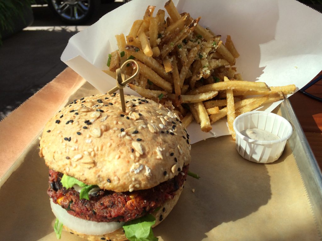 The La Bandita ($8) burger with an order of Truffle Fries ($6.95) at Hopdoddy Burger Bar. 